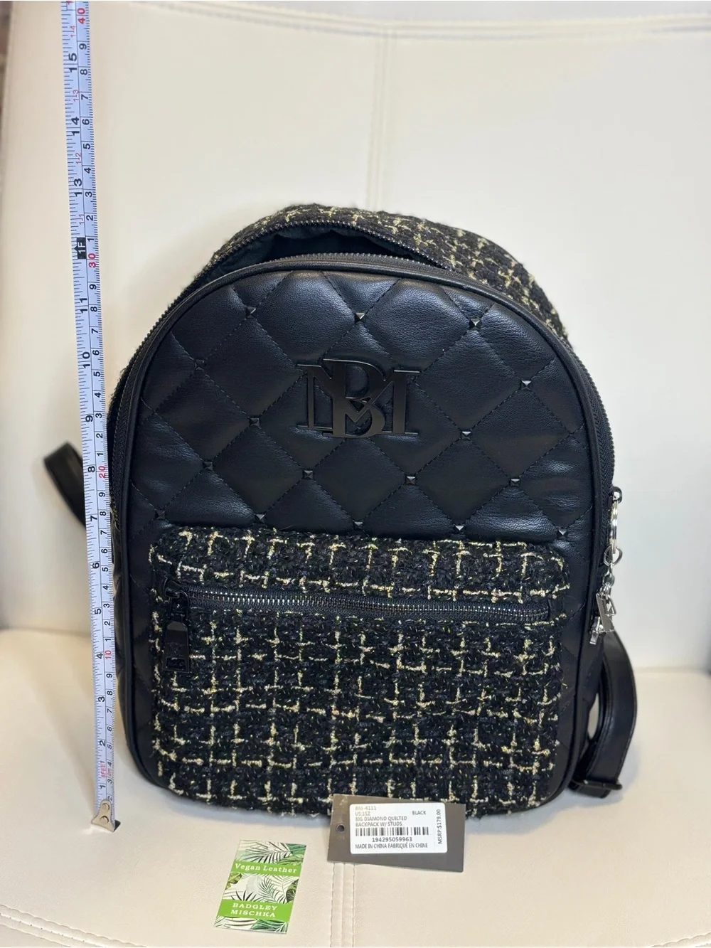 Badgley Mischka Black Quilted Vegan Leather & Tweed Mini Backpack